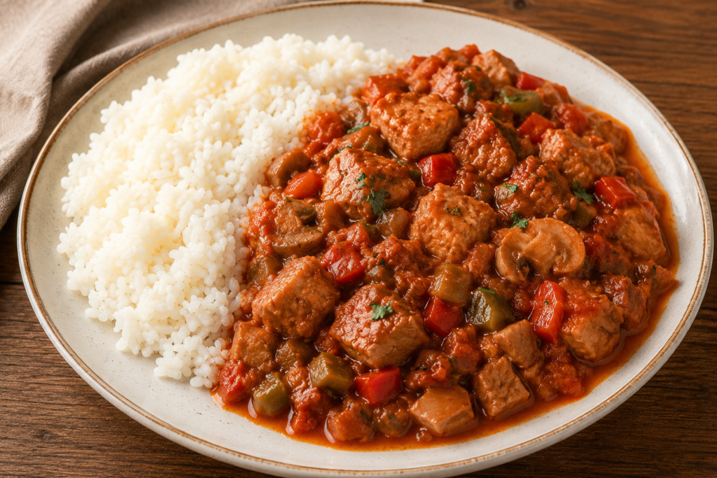 Lomo de Cerdo Guisado con Tomate, Pimientos y Champiñones
